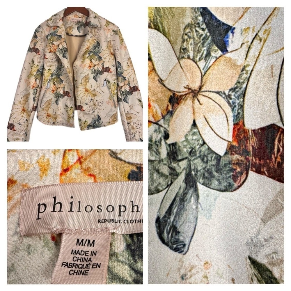 Philosophy Moto Jacket Women Medium Cream Floral Faux Leather Open Front Pockets - Picture 5 of 10